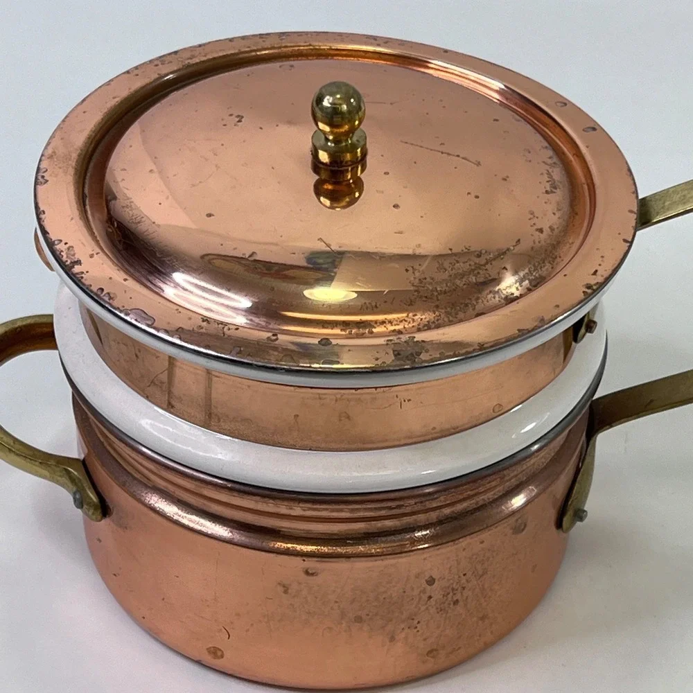 Vintage Copper Clad Double Boiler Porcelain Insert Brass Handles Outeiro 889
